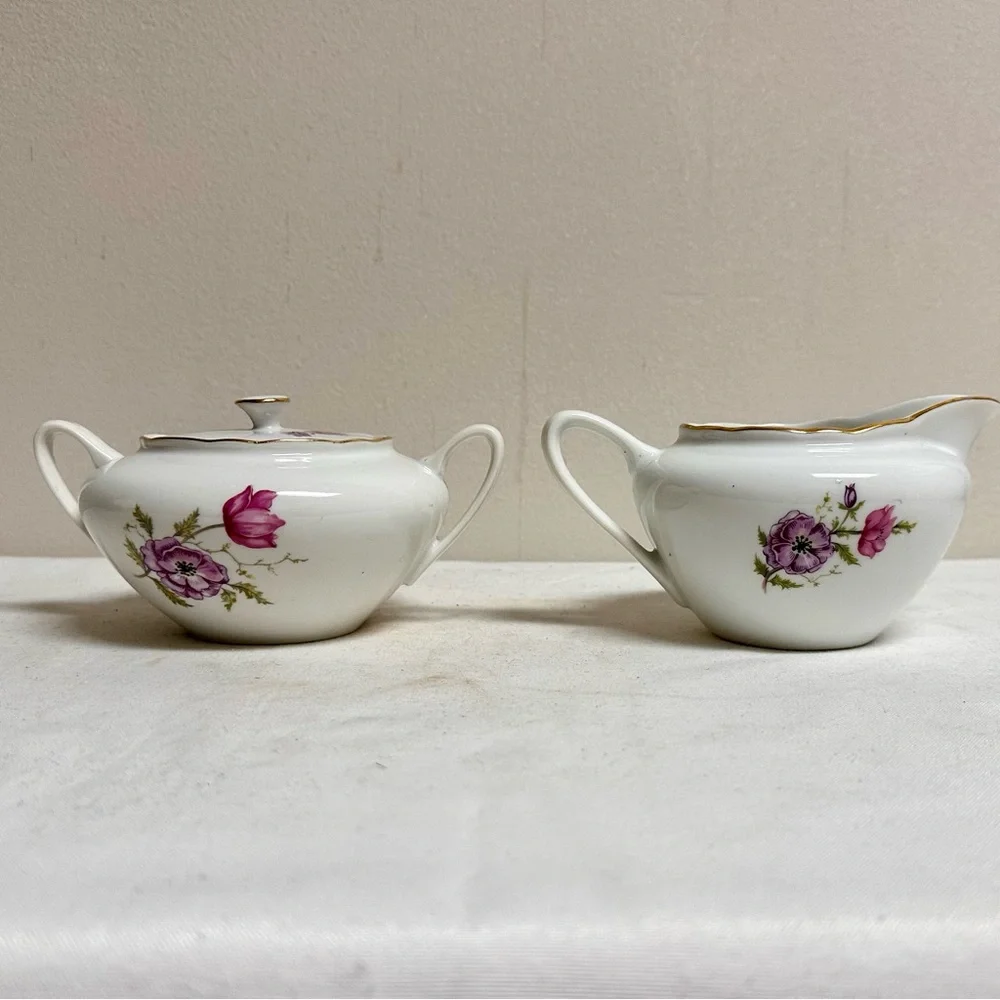 Vintage Floral Porcelain Creamer and Sugar Set, Czeckoslovakia